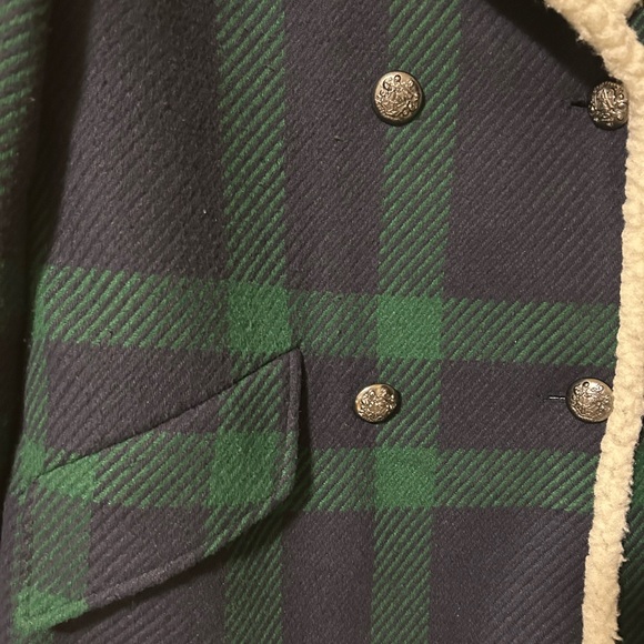 French Connection Navy and Green Plaid Pea Coat with Shearling Collar - Picture 2 of 5